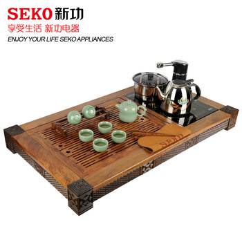 新功SEKO黑檀木实木茶盘 抽水 茶具套装功夫茶 自动上水电热壶整套电磁炉茶具 F36 赠品玉壶春