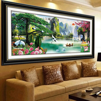 织巢鸟5D钻石画圆钻方钻满钻砖石绣贴钻画钻石十字绣流水生财客厅风景新款大幅画迎客松山水画 5D圆钻贴局部 180*76cm