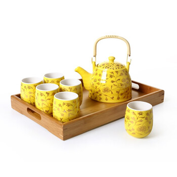 思喜900ml景德镇陶瓷提梁壶茶具 竹制茶托盘套装 黄金藤吉祥套组