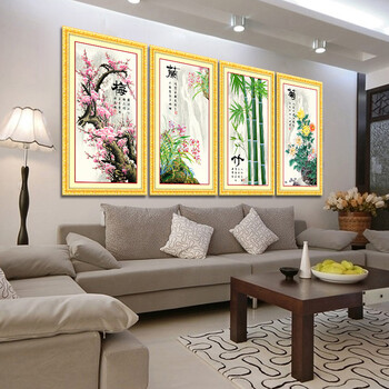 
                                        K-S梅兰竹菊十字绣套件印花四联画3D立体客厅新款系列大幅 梅兰竹菊棉线印花一整套                