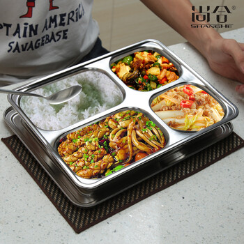 
                                        尚合 健康不锈钢分格饭盒食堂外送快餐盘餐盒 大号加深带盖便当盒 六格 不锈钢盖                