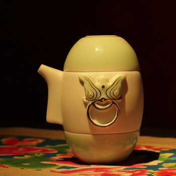 海洲窑 茶具  椒图旅行功夫茶具套装 快客杯一壶两杯 咏玉杯