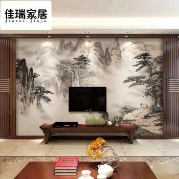 新中式客厅电视背景墙壁纸水墨壁画墙纸山水书画墙布沙发酒店书房