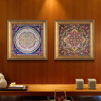 
                                        墙蛙 唐卡坛城图玄关装饰画竖版现代中式餐厅墙画走廊过道壁画挂画 B款金色画框 外框尺寸75cmX75cm                