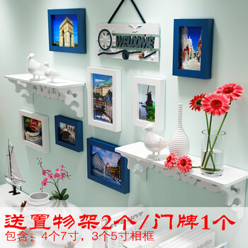 实木相片墙特价相框创意欧式照片墙组合客厅卧室挂墙送置物架X1GB2412(b) 7框蓝白两色+异国画心送置物架送门牌