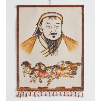 蒙古毡画挂画成吉思汗 手工绘烫画 八骏马成吉 蒙古包餐厅装饰画