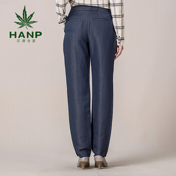 Hanp/汉麻世家秋冬款阔腿女裤高腰纯色气质时尚工装裤直筒裤宽松休闲裤女 藏青色 155/66A