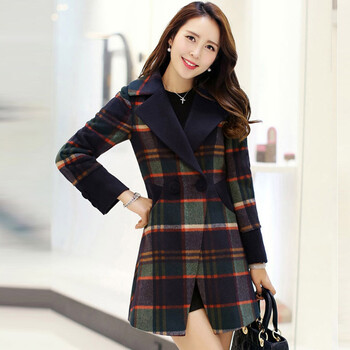 【11.11】2015女冬加厚韩版新款格子毛呢外套女修身毛呢大衣女中长款620 藏蓝格 2XL