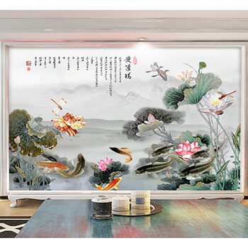 客厅立体电视客厅壁画荷花壁纸壁纸荷花壁画客厅立体电视壁纸荷花电视