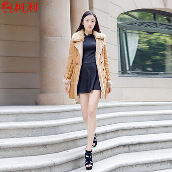 约柯利2015新款韩版修身大翻领中长款羊羔毛外套女加厚麂皮绒大衣M0001 驼色 XL
