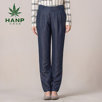 Hanp/汉麻世家秋冬款阔腿女裤高腰纯色气质时尚工装裤直筒裤宽松休闲裤女 藏青色 155/66A