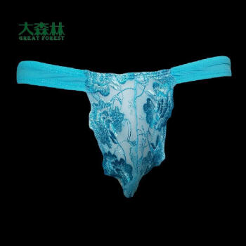 男士蕾丝丁字裤透明情趣舒适低腰腰边男内裤 湖蓝色 m
