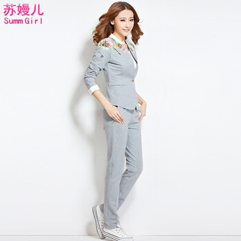 苏嫚儿 2016春秋韩版显瘦女装小西服三件套修身运动时尚休闲卫衣套装 G3578 花灰色 XL