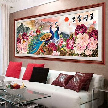 
                                        皇室珍品蒙娜丽莎十字绣精准印花孔雀牡丹花开富贵图大幅画新款客厅2米2.5米系列 大版11CT丝线印200*75                
