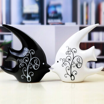 
                                                            福景（FUJING） 现代简约家居工艺品客厅电视柜玄关装饰品摆件黑白套装爱情对鱼新家装饰                