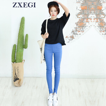 ZXEGI女装 秋冬新款女韩版加绒加厚钉扣时尚打底裤 P561 牛仔蓝 L