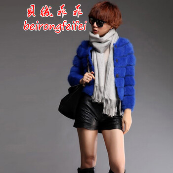 贝<em>绒</em>菲菲新款时尚女装修身 短款<em>开衫</em>貂绒毛针