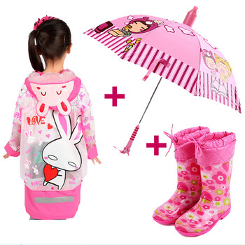 蓝蚂蚁男女小学生雨衣儿童雨衣披时尚加厚卡通雨衣雨伞雨鞋套装 蓝蚂蚁粉兔雨衣+粉蜜蜂伞+粉梅花鞋 S