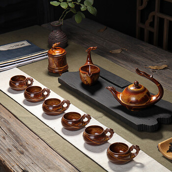 
                                                            源怡阁茶具套装 陶瓷窑变复古创意工夫茶具  斗笠杯功夫茶具茶壶茶杯整套茶具 浮雕茶具套组 龙凤呈祥套装棕色                