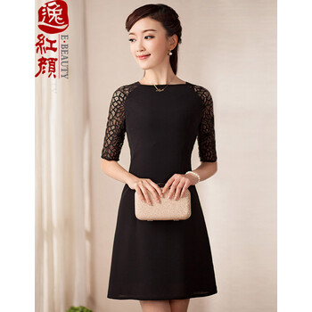 逸红颜 简心 新款蕾丝袖雪纺连衣裙2016春修身