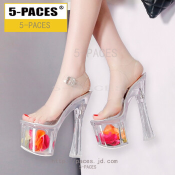 女鞋 凉鞋 5-paces 5-paces品牌18cm粗跟防水台凉鞋女夜店透明水晶