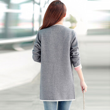 妮丝轩纺 针织外套2015女秋装新款毛衣开衫百搭中长款针织衫拼色毛衣外套 灰色 M