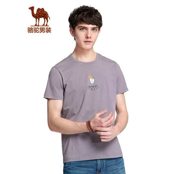 骆驼（CAMEL）男装 夏季青年休闲简约圆领T恤 微弹印花短袖上衣 灰紫 XL