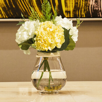 小清新摆件插花餐桌麻绳装饰品 大号爱丽丝麻绳玻璃花瓶送黄白绣球花