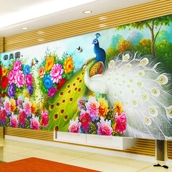 魔方圆钻石画满钻客厅 DMC富贵孔雀图钻石绣新款牡丹花开十字绣5d DMC魔方钻满钻60*28cm