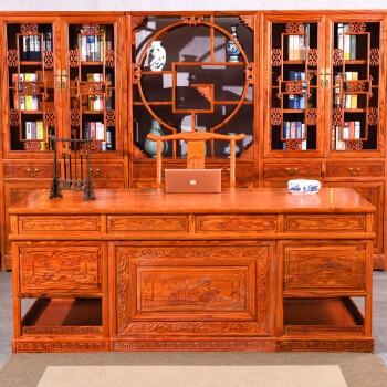 办公桌中式实木书桌书架家用仿古榆木书房家具套装组合画桌书法桌定制