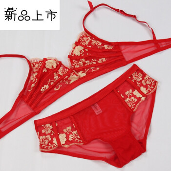 新款性感无钢圈透明网纱剌绣花边内衣文胸套装 红色 m