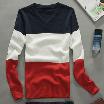 冬季 韩版新品三色拼接v领修身<em>男士</em>时尚<em>厚毛衣</em>