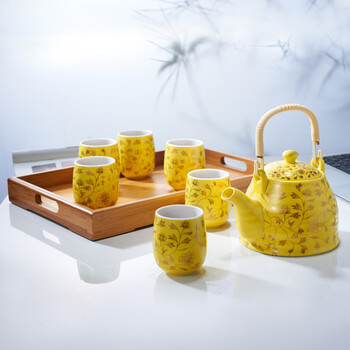 思喜900ml景德镇陶瓷提梁壶茶具 竹制茶托盘套装 黄金藤吉祥套组