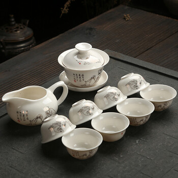 
                                        菲享 陶瓷功夫茶具套装 整套茶具 礼品 彩盒装 10件套 10头水点桃花花彩盒装                