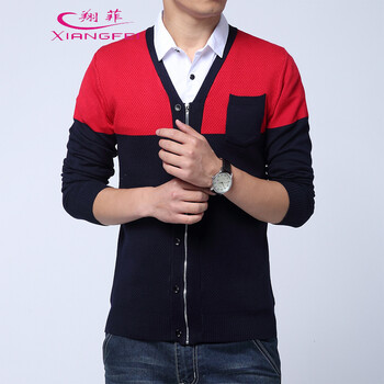 新款V领修身毛衫男士针织衫开衫外套薄毛衣男