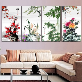 现代新中式客厅装饰画沙发背景墙四联壁画国画梅兰竹菊四条屏挂画 11
