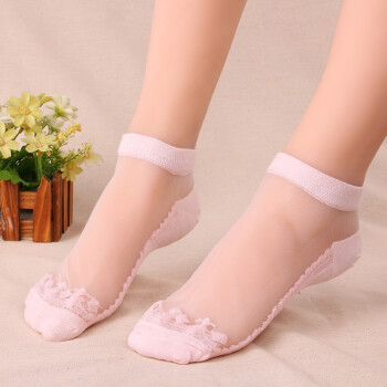 短袜女春夏棉底防滑袜子透明水晶袜船袜薄款蕾丝花边性感女袜 粉色5双