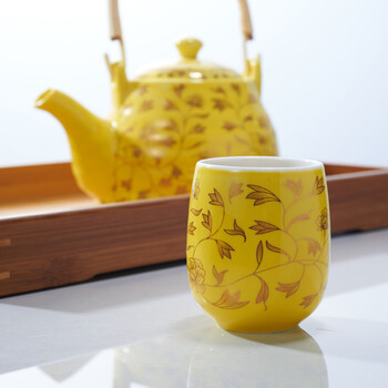 思喜900ml景德镇陶瓷提梁壶茶具 竹制茶托盘套装 黄金藤吉祥套组