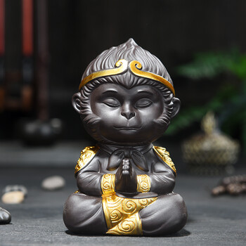 紫泥茶宠齐天大圣悟空猴子茶玩摆件可养功夫茶道车载陶瓷摆件抖音