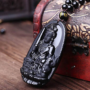 河洛奇石 正品黑曜石生肖属兔文殊菩萨吊坠本