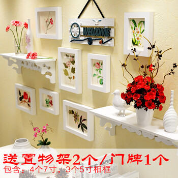 实木相片墙特价相框创意欧式照片墙组合客厅卧室挂墙送置物架X1GB2412(b) 7框蓝白两色+异国画心送置物架送门牌