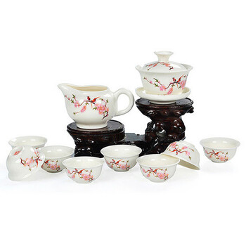 
                                        菲享 陶瓷功夫茶具套装 整套茶具 礼品 彩盒装 10件套 10头水点桃花花彩盒装                