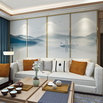 定制新中式电视沙发背景墙大型壁画山水国画创意无缝壁纸墙纸墙布