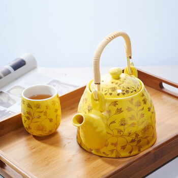 思喜900ml景德镇陶瓷提梁壶茶具 竹制茶托盘套装 黄金藤吉祥套组