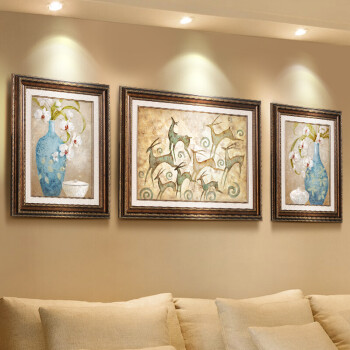 客厅装饰画油画简欧风格挂画欧式沙发背景墙餐厅三联美式大气壁画 yjf