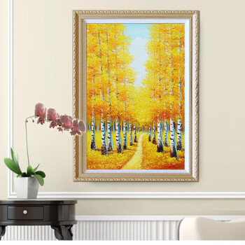 乐逸客厅装饰画竖版玄关餐厅挂画风景壁画手绘油画 秋桦林72x102cm