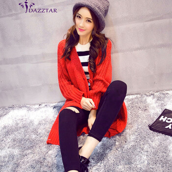DAZZTAR 针织衫 女2016春装新款韩版中长款针织开衫宽松长袖毛衣外套女 0115 绿 均码