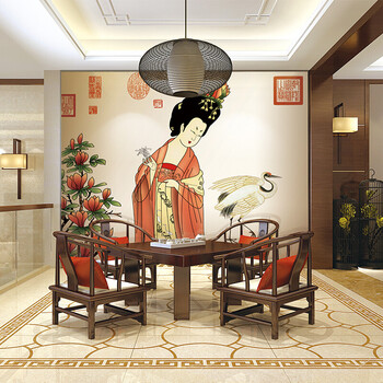 8d电视背景墙壁纸无缝整张影视墙画5d唐朝仕女图墙布壁画 8d水晶冰雕