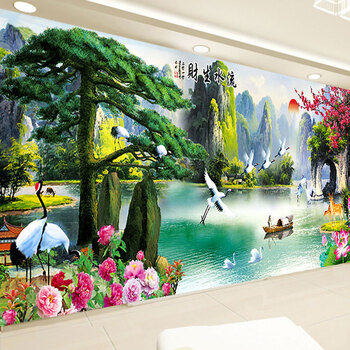 织巢鸟5D钻石画圆钻方钻满钻砖石绣贴钻画钻石十字绣流水生财客厅风景新款大幅画迎客松山水画 5D圆钻贴局部 180*76cm