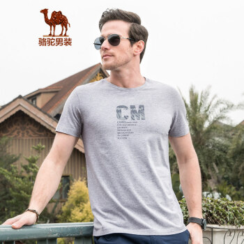 骆驼（CAMEL）男装 夏季男士青年夏装休闲舒适棉质字母圆领短袖T恤 花灰 XL
